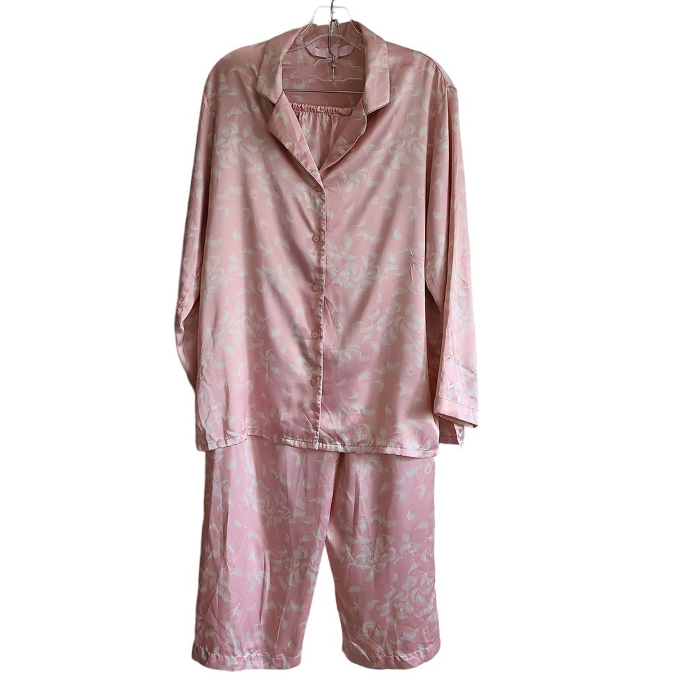 VICTORIA'S SECRET Pink White Feather Print 2-Piece Set Pants Top Pajamas Small‎